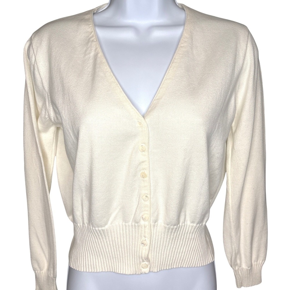 J. CREW Cream Cotton V-Neck Ribbed Crop Cardigan Sz S Preppy Coquette Chic